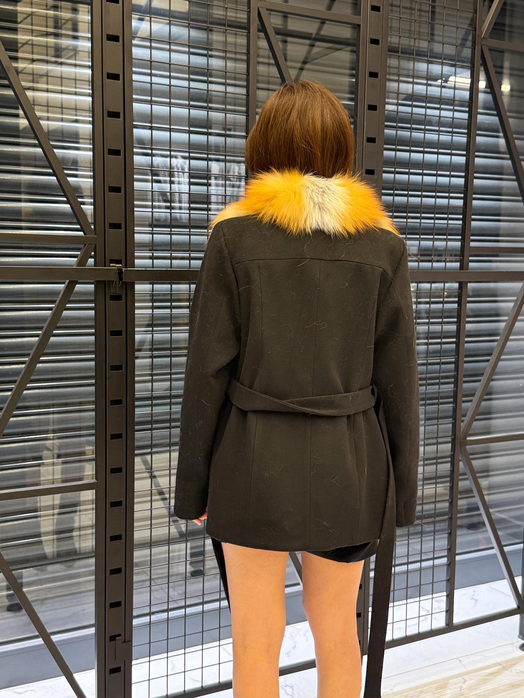 Women’s Black Cashmere Coat, Short Front Golden Frost Fox Fur Jacket