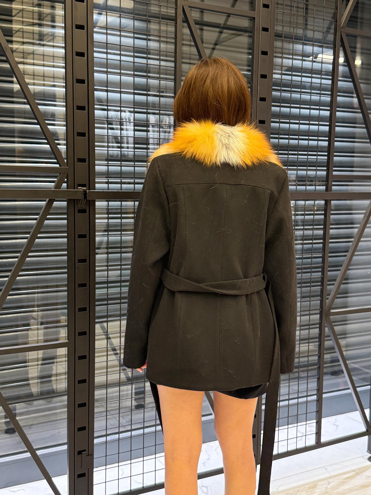 Women’s Black Cashmere Coat, Short Front Golden Frost Fox Fur Jacket