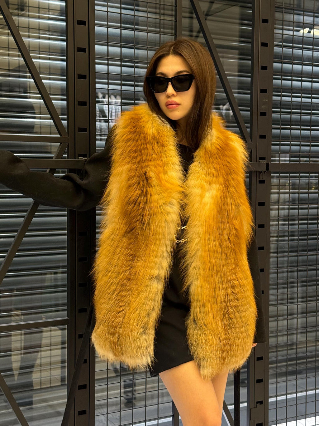Women’s Black Cashmere Coat, Short Front Golden Frost Fox Fur Jacket