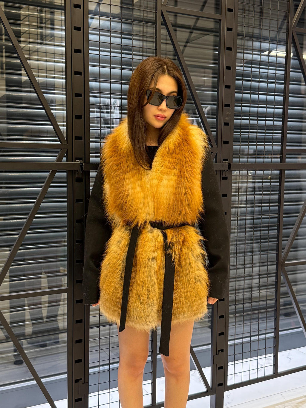 Women’s Black Cashmere Coat, Short Front Golden Frost Fox Fur Jacket
