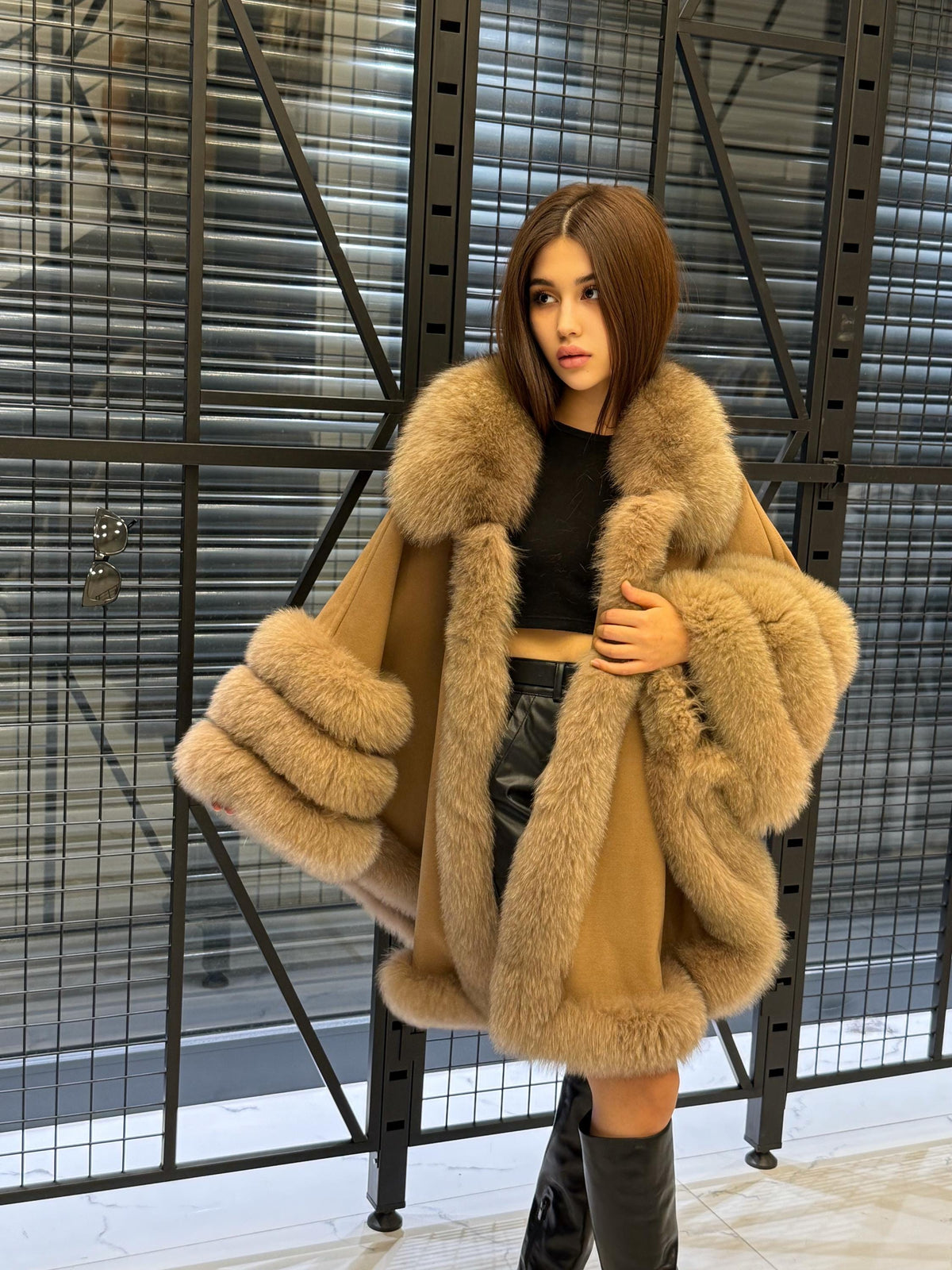 Camel Cashmere Cape With Fur Trim, Women’s Plus Size Shawl- Fox Fur Jacket