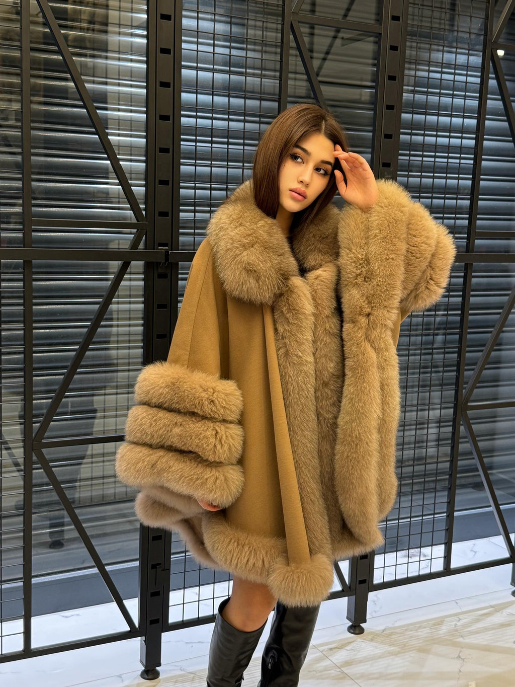 Camel Cashmere Cape With Fur Trim, Women’s Plus Size Shawl- Fox Fur Jacket