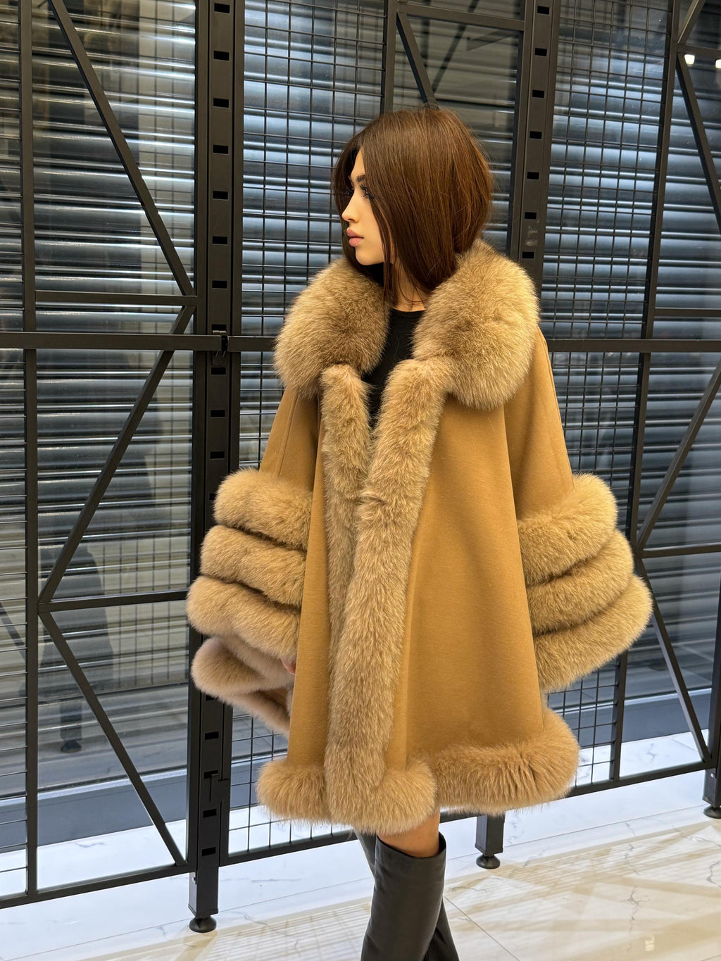 Camel Cashmere Cape With Fur Trim, Women’s Plus Size Shawl- Fox Fur Jacket