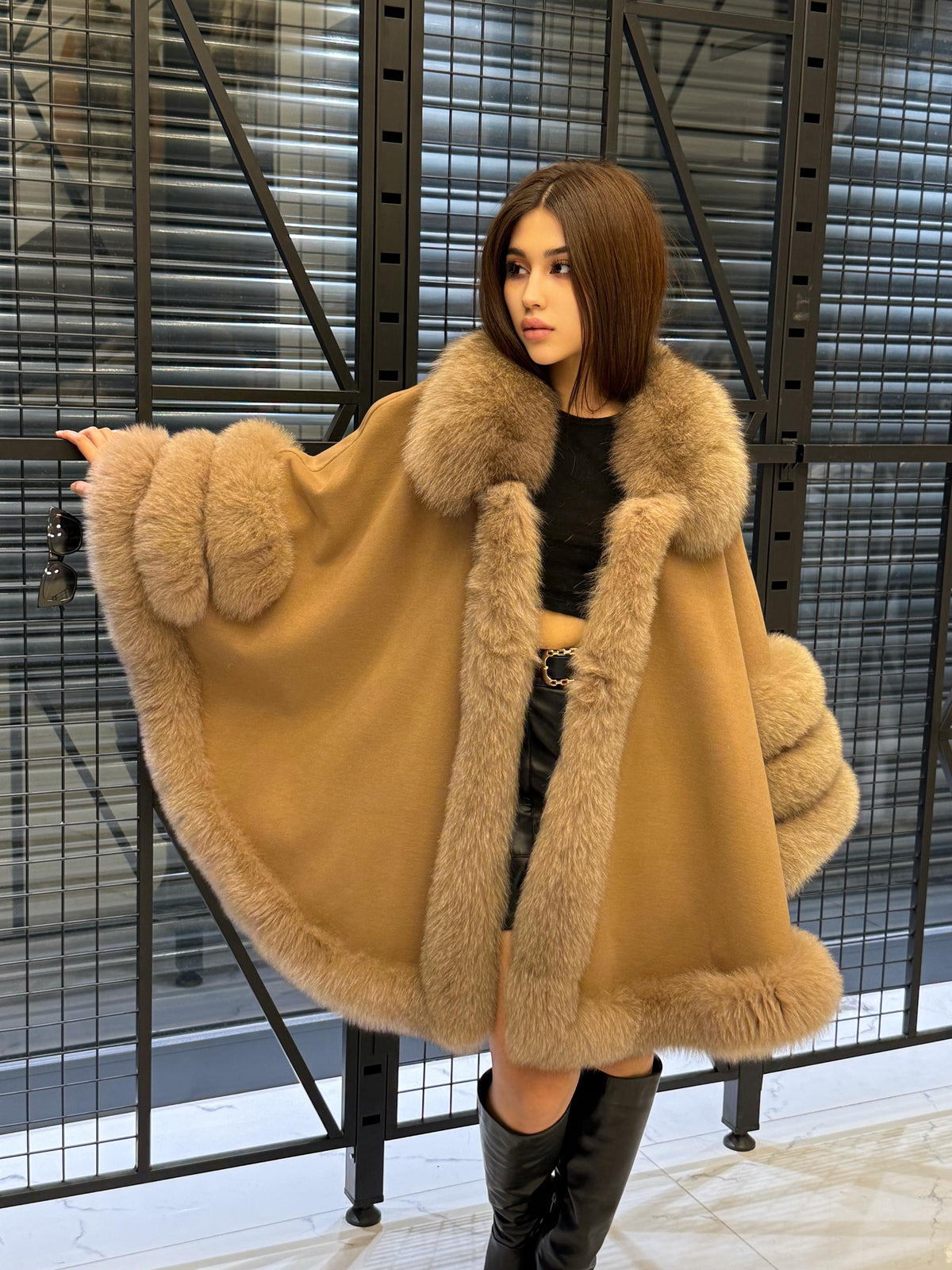 Camel Cashmere Cape With Fur Trim, Women’s Plus Size Shawl- Fox Fur Jacket