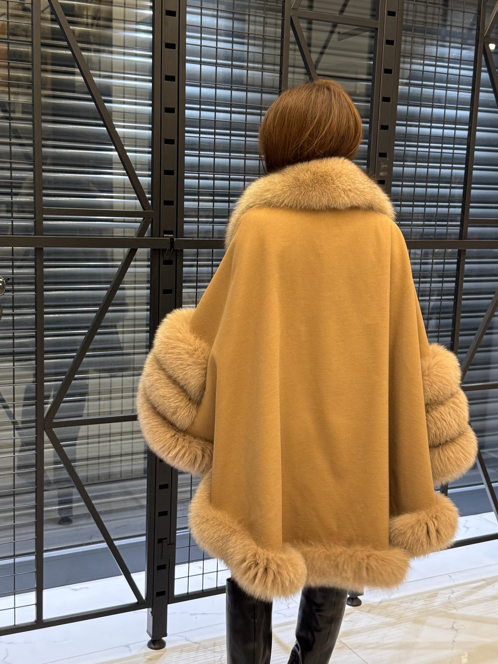 Camel Cashmere Cape With Fur Trim, Women’s Plus Size Shawl- Fox Fur Jacket