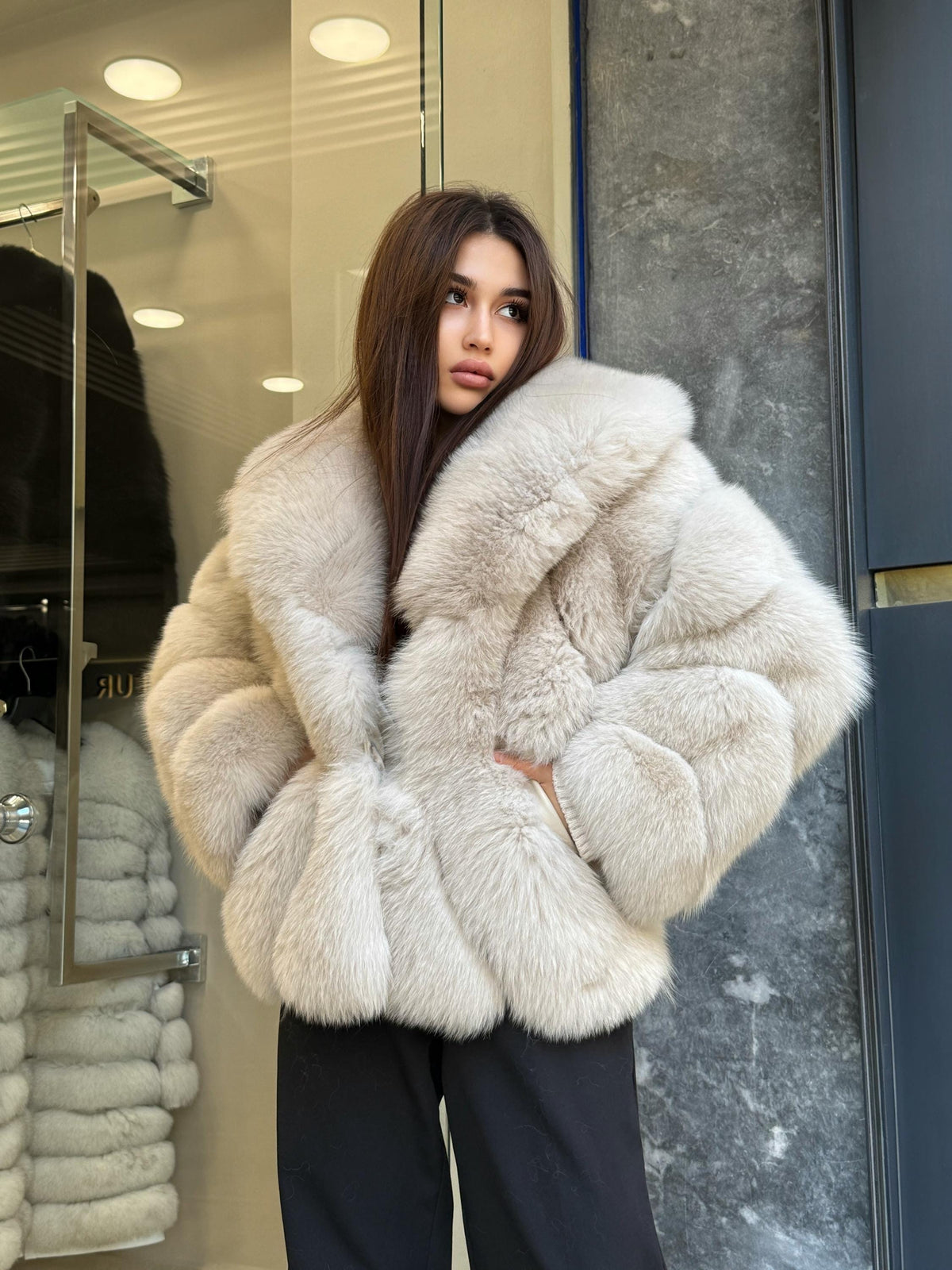 Beige Fox Fur Jacket: Women’s Handmade Short Fur Coat