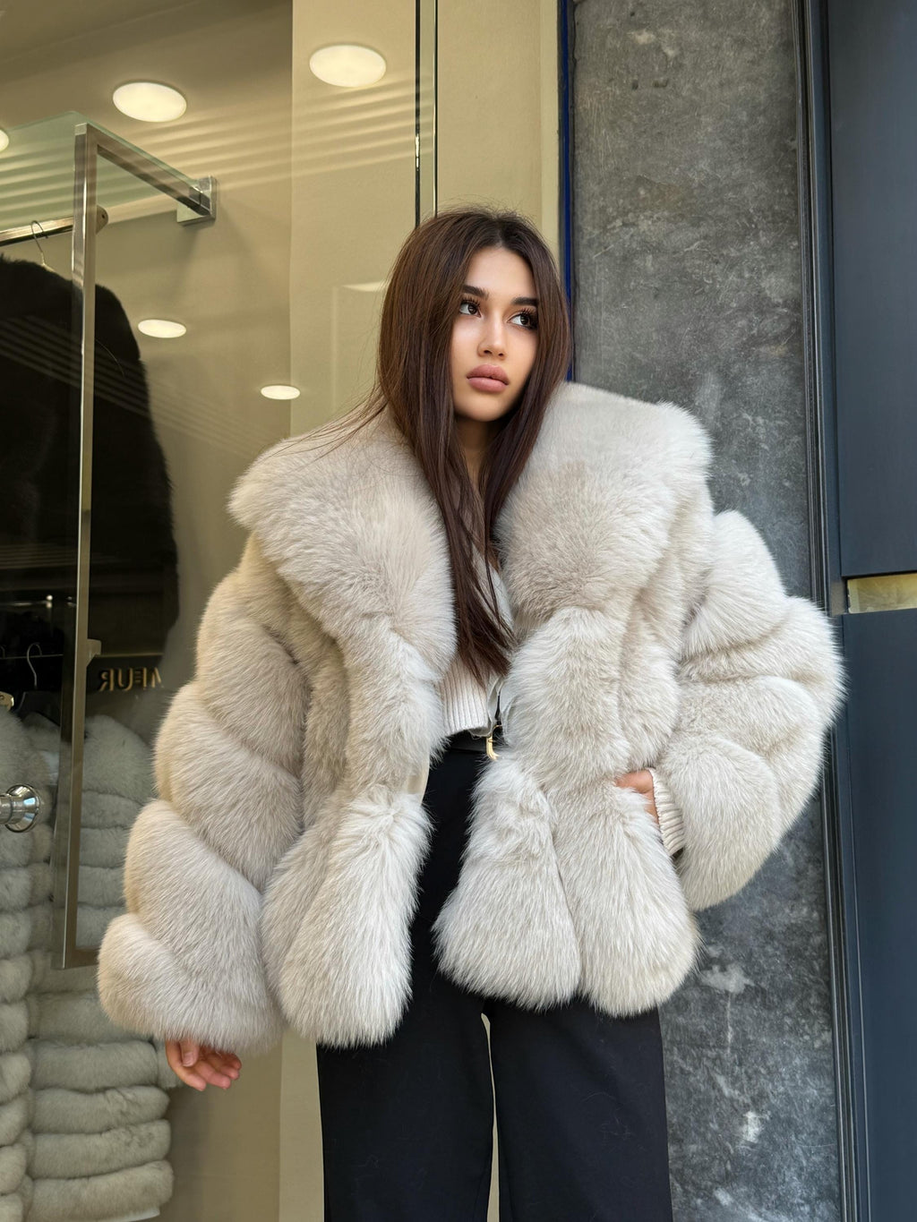 Beige Fox Fur Jacket: Women’s Handmade Short Fur Coat
