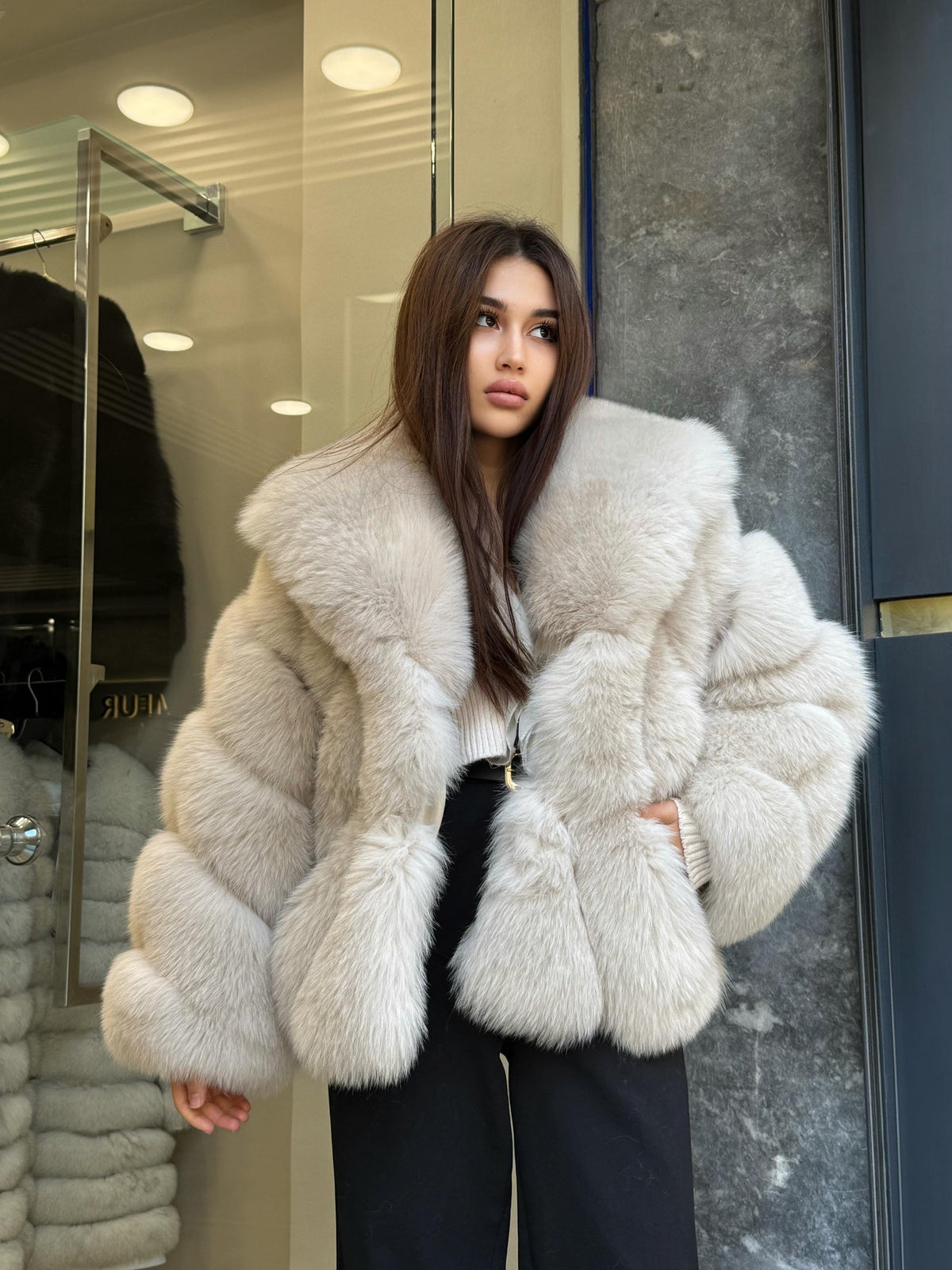 Beige Fox Fur Jacket: Women’s Handmade Short Fur Coat