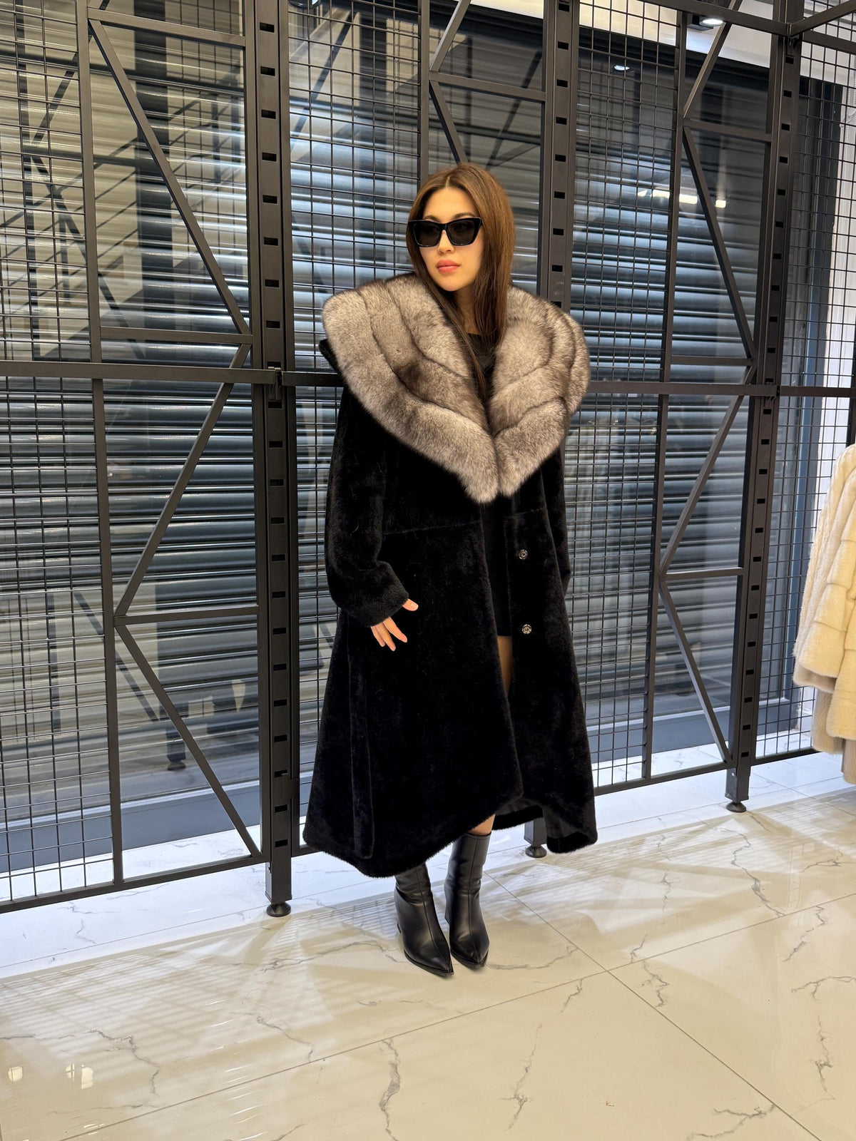 Black Long Alcantara Flared Coat, Collar Fox Fur Jacket, Women Fox Fur Jacket.. Fox Fur