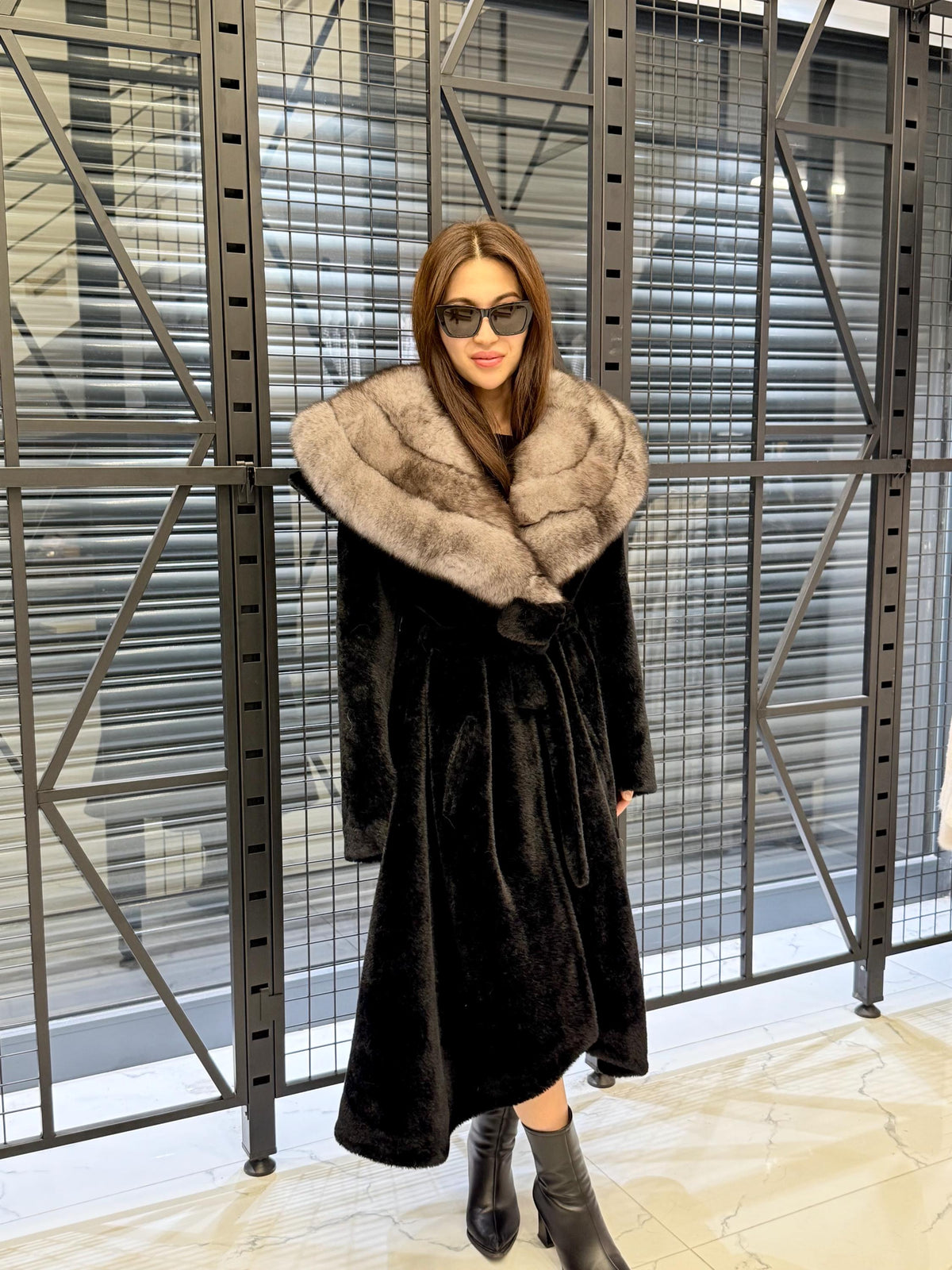 Black Long Alcantara Flared Coat, Collar Fox Fur Jacket, Women Fox Fur Jacket.. Fox Fur