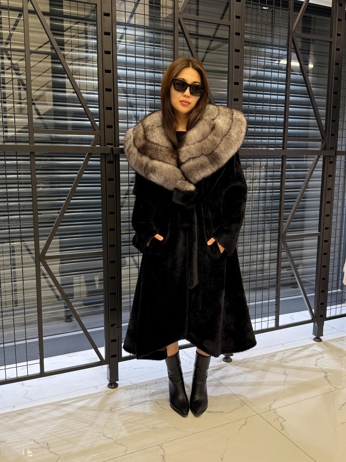 Black Long Alcantara Flared Coat, Collar Fox Fur Jacket, Women Fox Fur Jacket.. Fox Fur