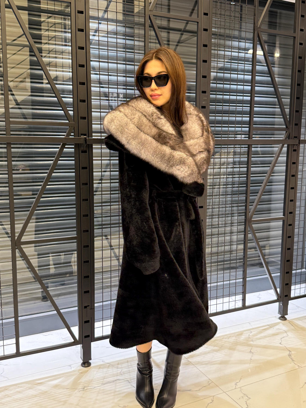 Black Long Alcantara Flared Coat, Collar Fox Fur Jacket, Women Fox Fur Jacket.. Fox Fur