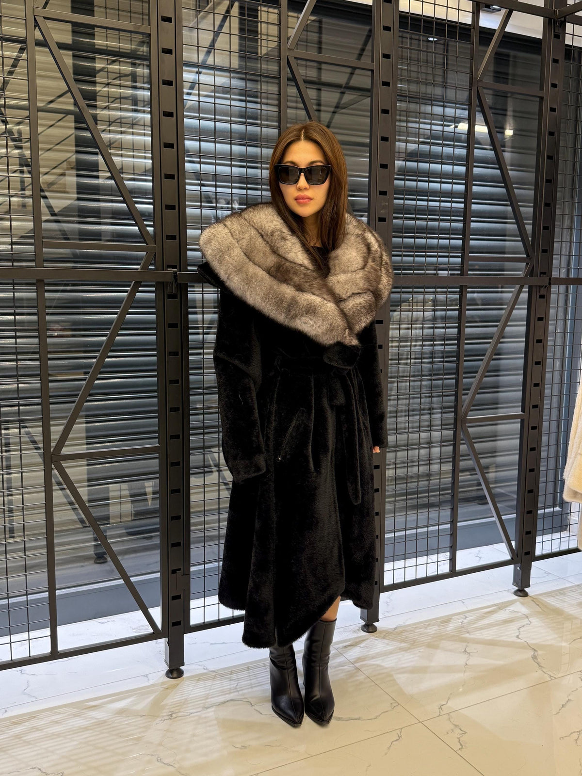 Black Long Alcantara Flared Coat, Collar Fox Fur Jacket, Women Fox Fur Jacket.. Fox Fur