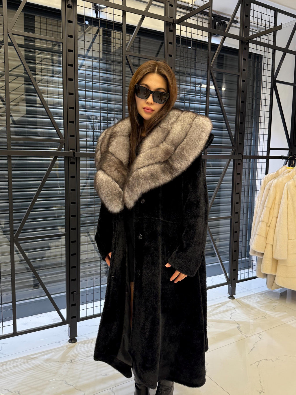 Black Long Alcantara Flared Coat, Collar Fox Fur Jacket, Women Fox Fur Jacket.. Fox Fur