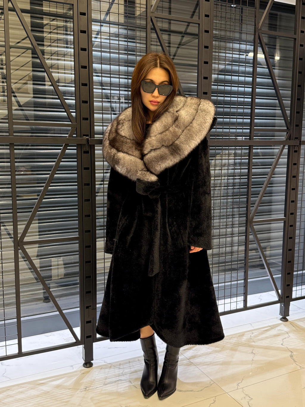 Black Long Alcantara Flared Coat, Collar Fox Fur Jacket, Women Fox Fur Jacket.. Fox Fur