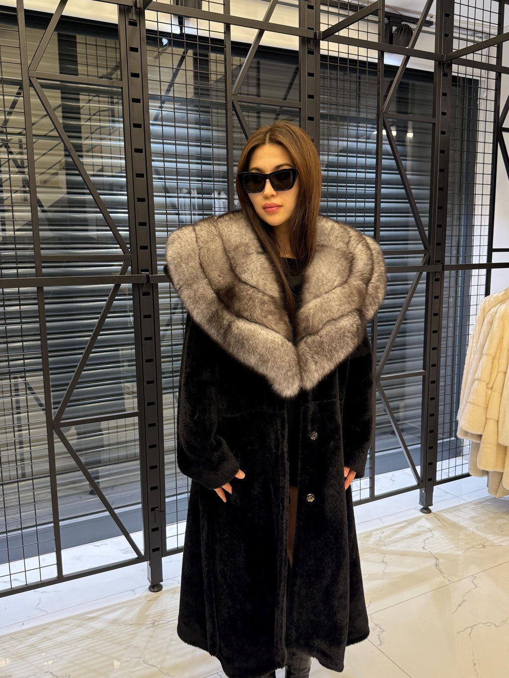 Black Long Alcantara Flared Coat, Collar Fox Fur Jacket, Women Fox Fur Jacket.. Fox Fur