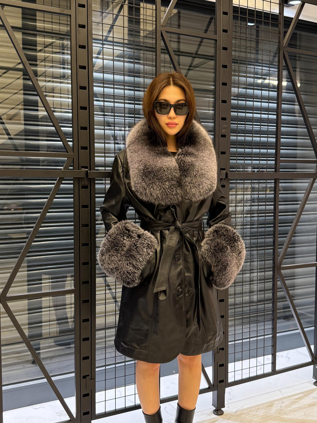 Handmade Black Leather Coat For Women, Collar Cuffs - Frost Fox Fur Jacket