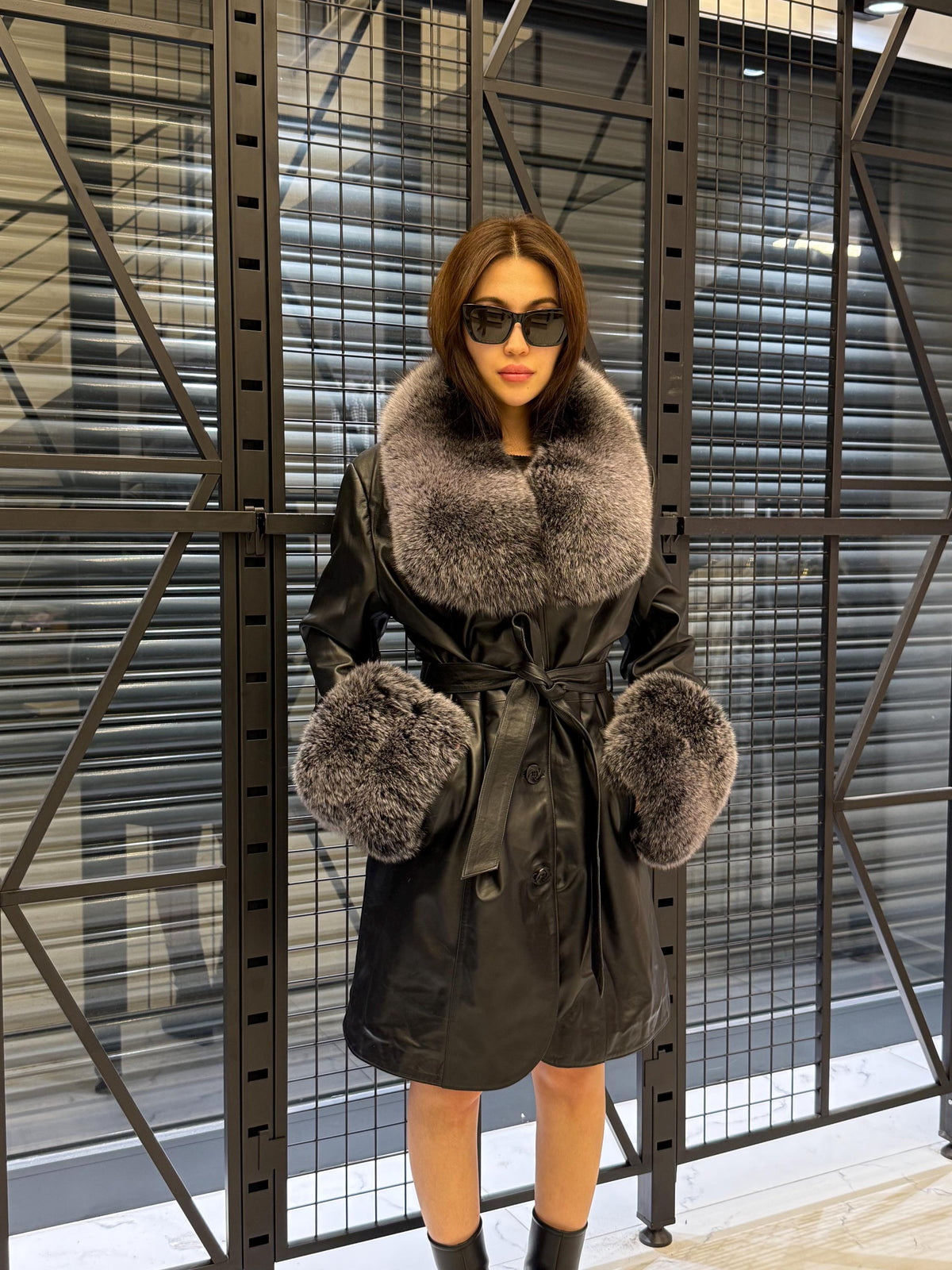 Handmade Black Leather Coat For Women, Collar Cuffs - Frost Fox Fur Jacket