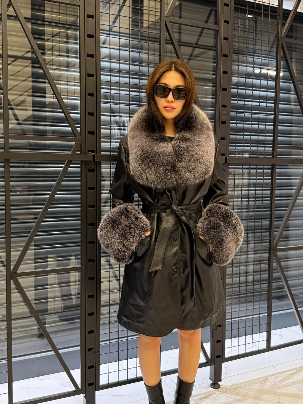 Handmade Black Leather Coat For Women, Collar Cuffs - Frost Fox Fur Jacket