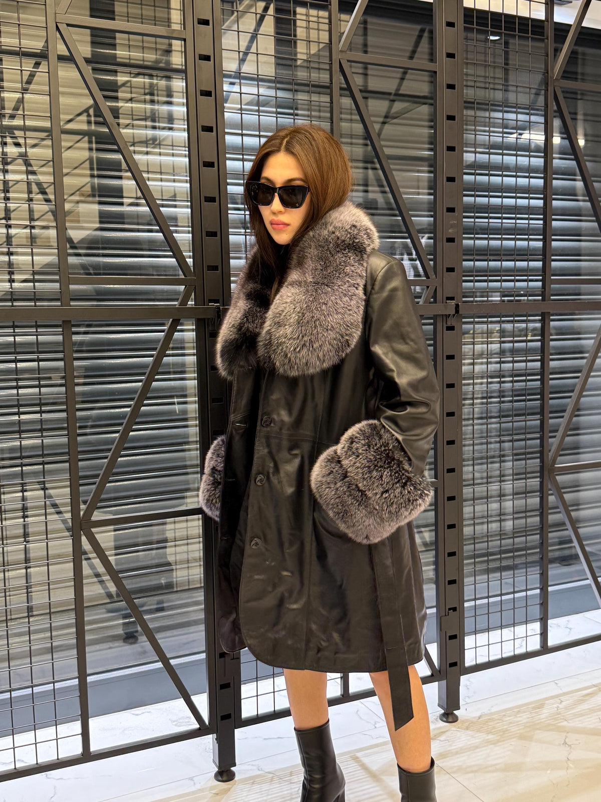 Handmade Black Leather Coat For Women, Collar Cuffs - Frost Fox Fur Jacket