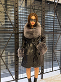 Handmade Black Leather Coat For Women, Collar Cuffs - Frost Fox Fur Jacket