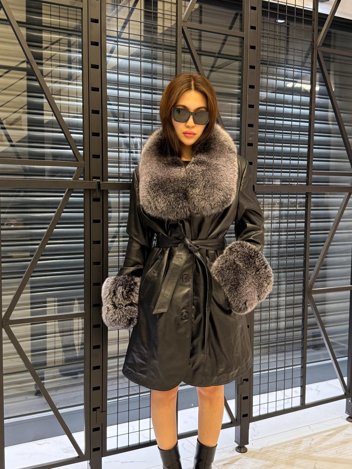 Handmade Black Leather Coat For Women, Collar Cuffs - Frost Fox Fur Jacket
