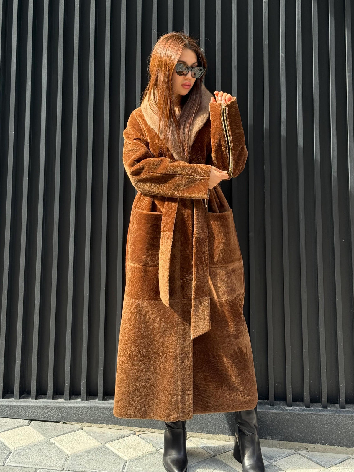 Camel Long Astrakhan Coat, Premium Women’s Collar Mink Fur Shearling Jacket. LIMITED EDITION