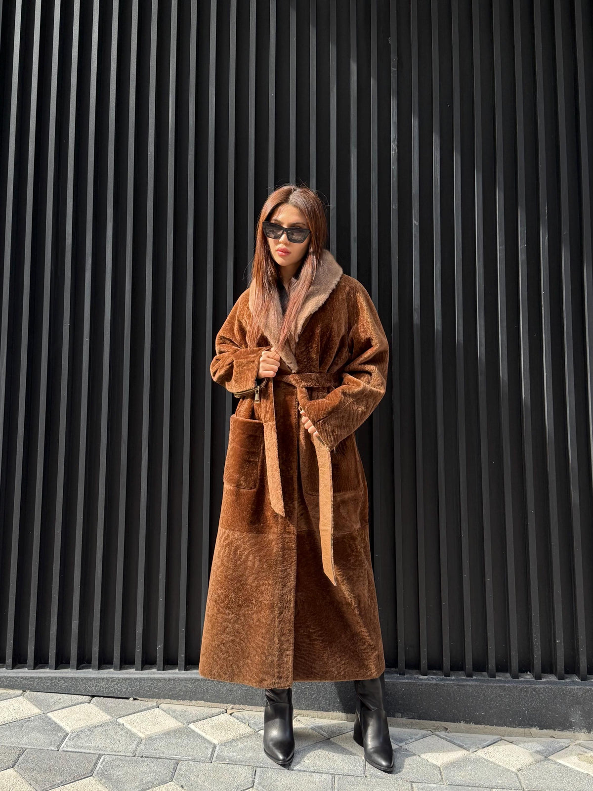 Camel Long Astrakhan Coat, Premium Women’s Collar Mink Fur Shearling Jacket. LIMITED EDITION