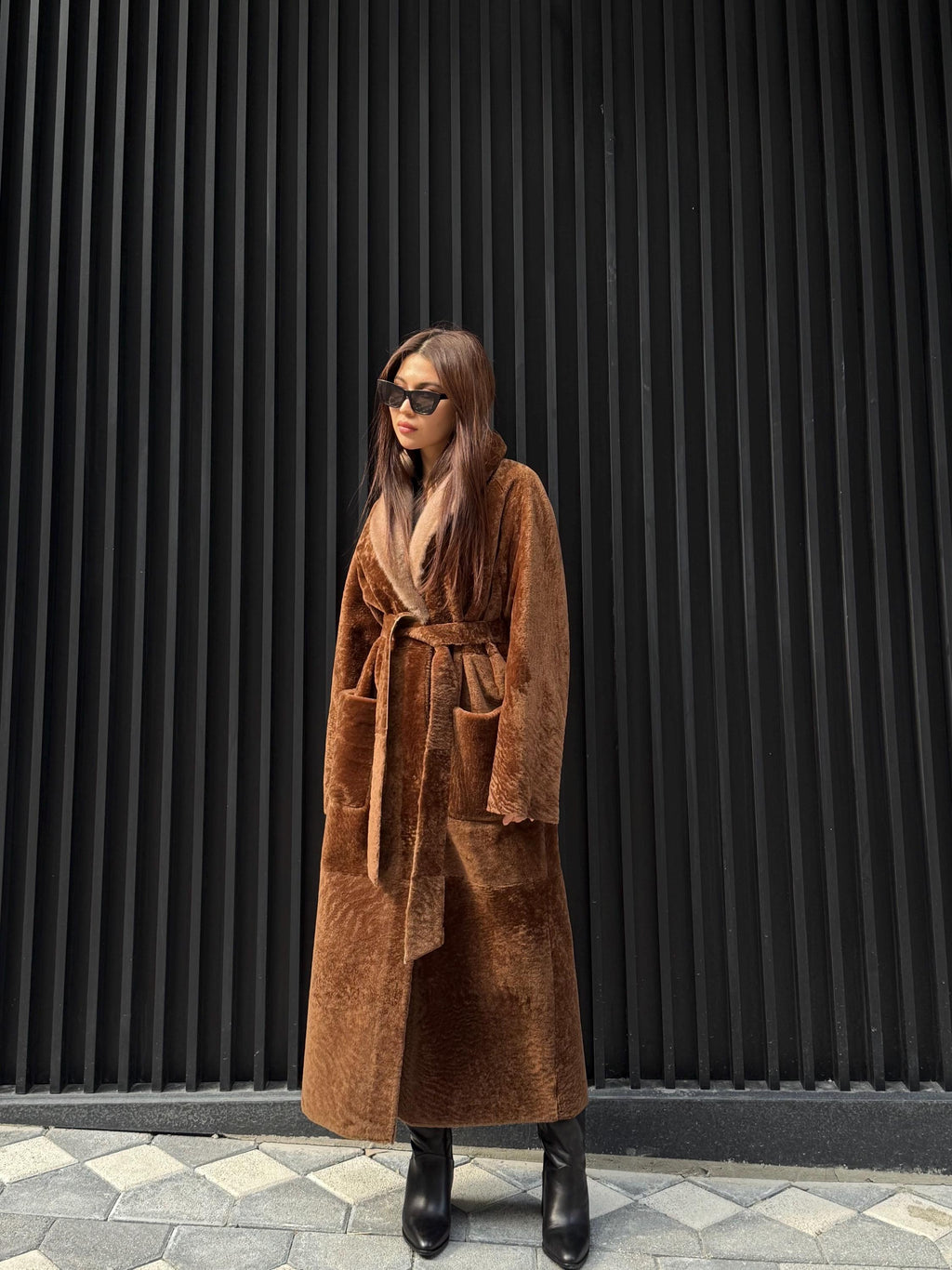 Camel Long Astrakhan Coat, Premium Women’s Collar Mink Fur Shearling Jacket. LIMITED EDITION