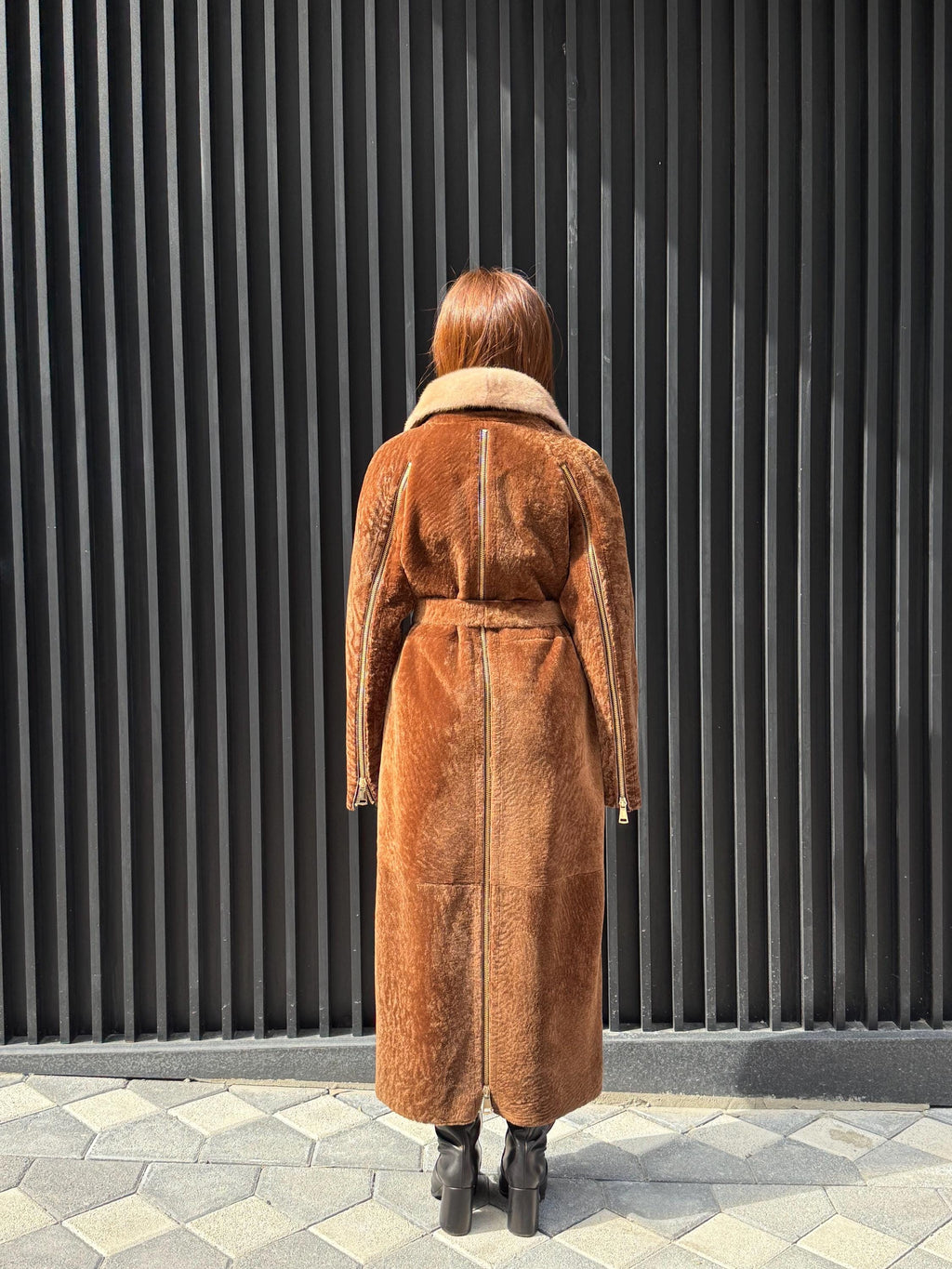 Camel Long Astrakhan Coat, Premium Women’s Collar Mink Fur Shearling Jacket. LIMITED EDITION