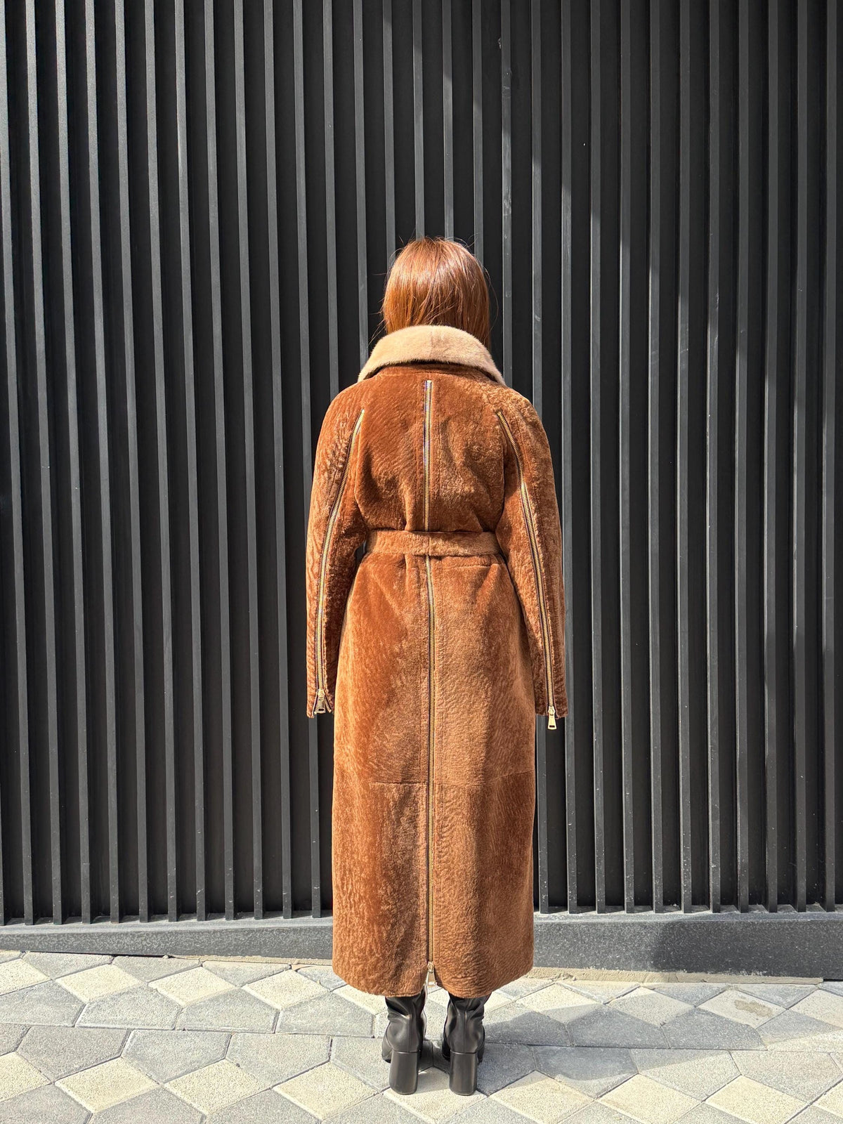 Camel Long Astrakhan Coat, Premium Women’s Collar Mink Fur Shearling Jacket. LIMITED EDITION