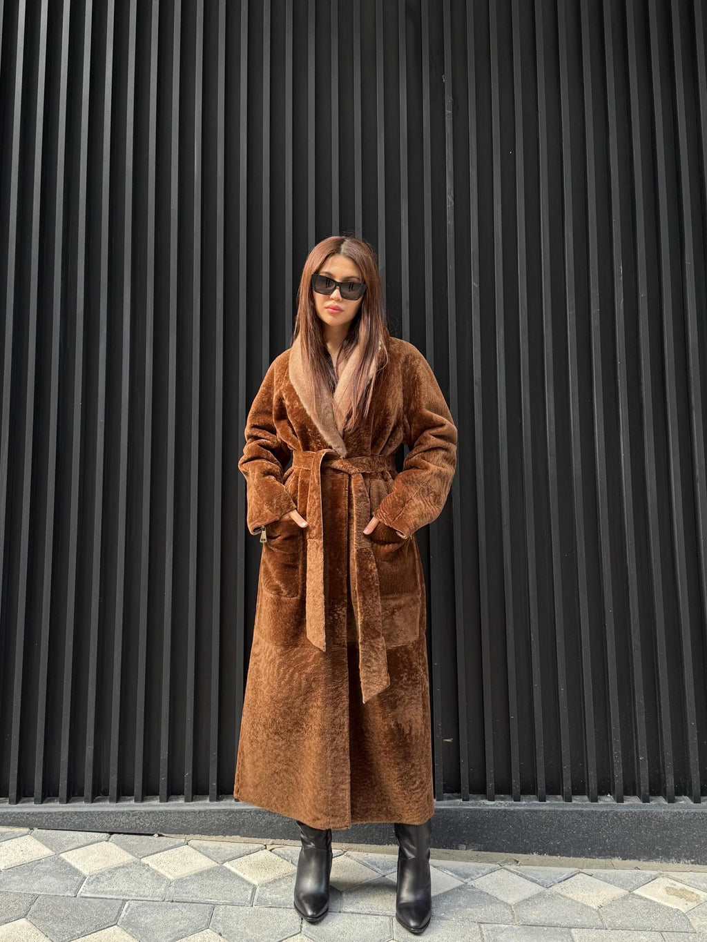 Camel Long Astrakhan Coat, Premium Women’s Collar Mink Fur Shearling Jacket. LIMITED EDITION