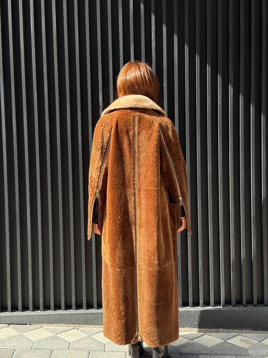 Camel Long Astrakhan Coat, Premium Women’s Collar Mink Fur Shearling Jacket. LIMITED EDITION