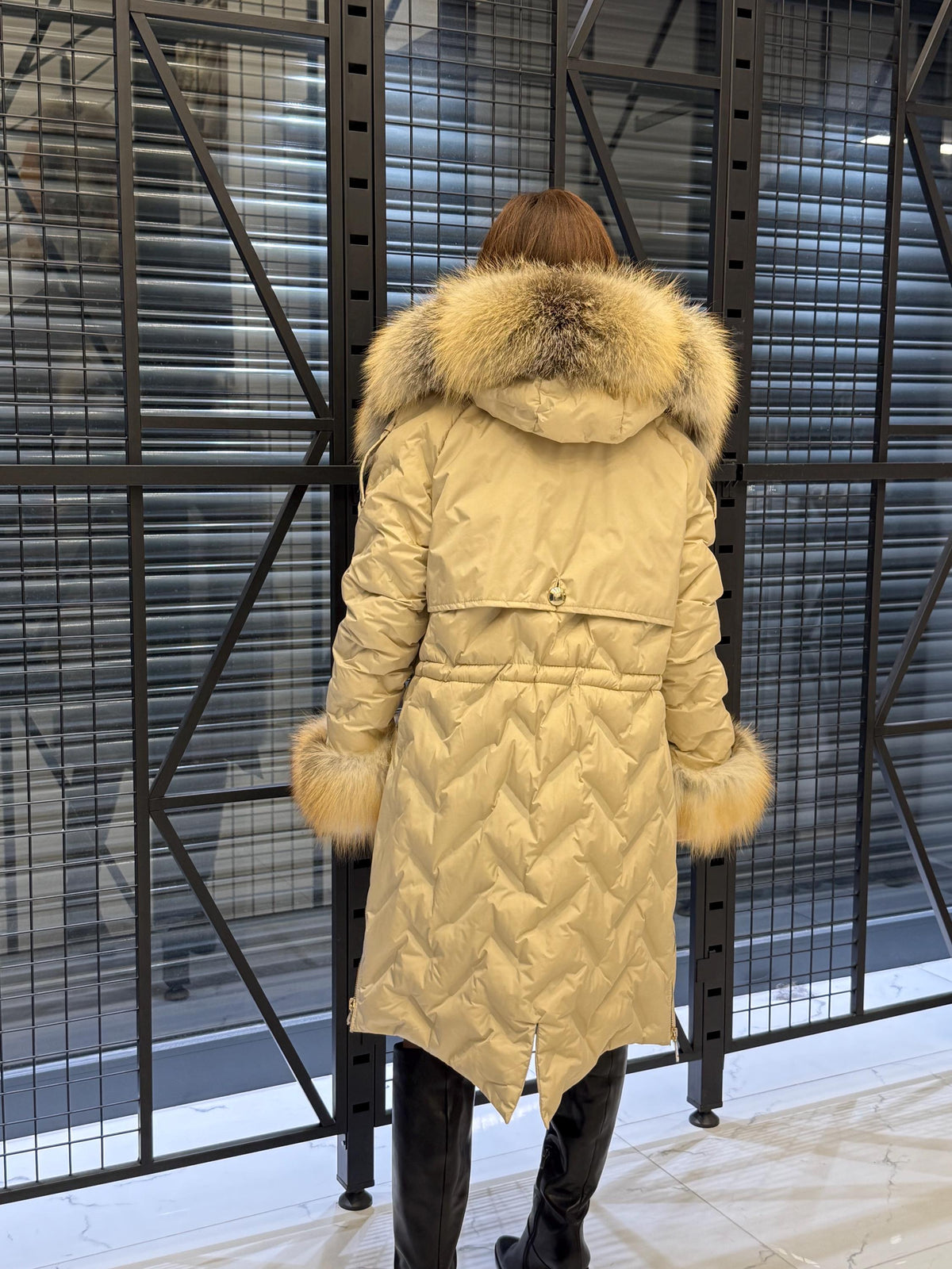 Beige Parka Puffer Coat, Women’s Hooded Front Cuffs Gold Fox Fur Jacket