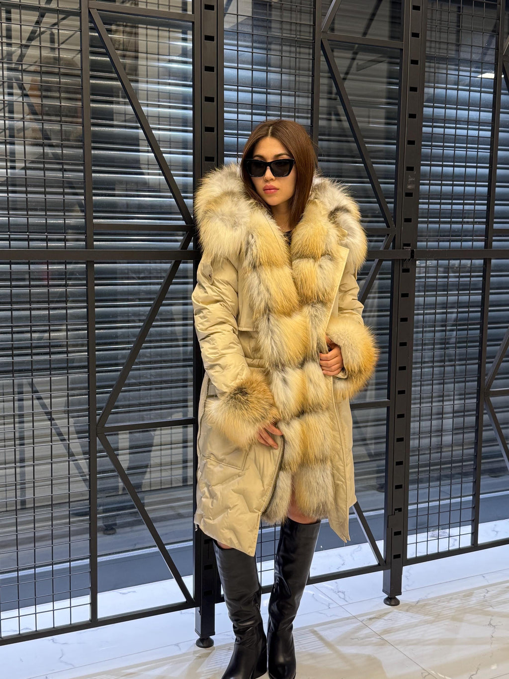 Beige Parka Puffer Coat, Women’s Hooded Front Cuffs Gold Fox Fur Jacket