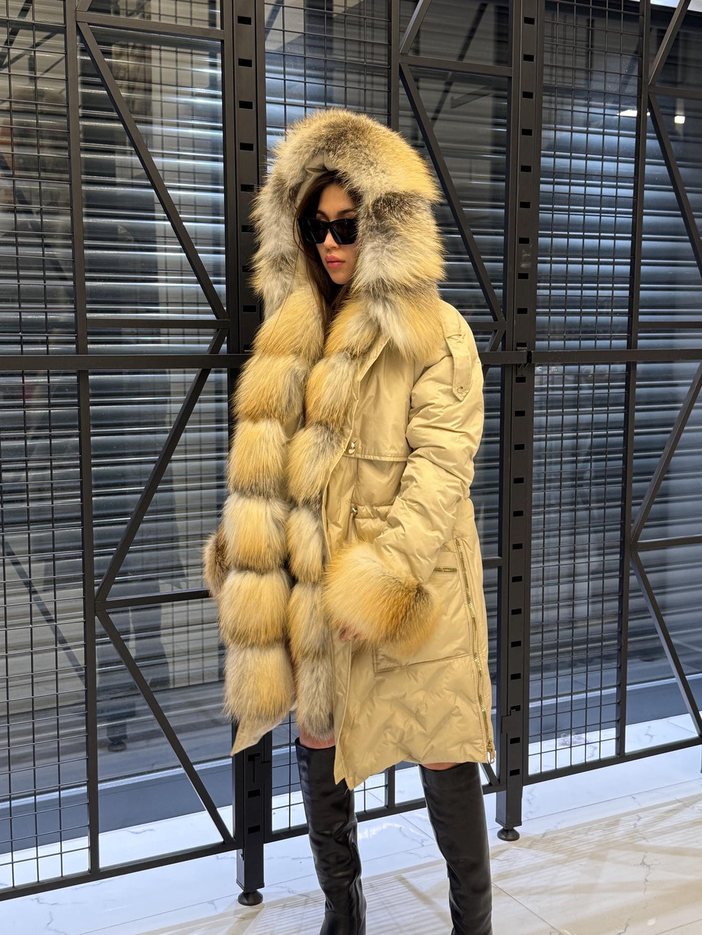 Beige Parka Puffer Coat, Women’s Hooded Front Cuffs Gold Fox Fur Jacket