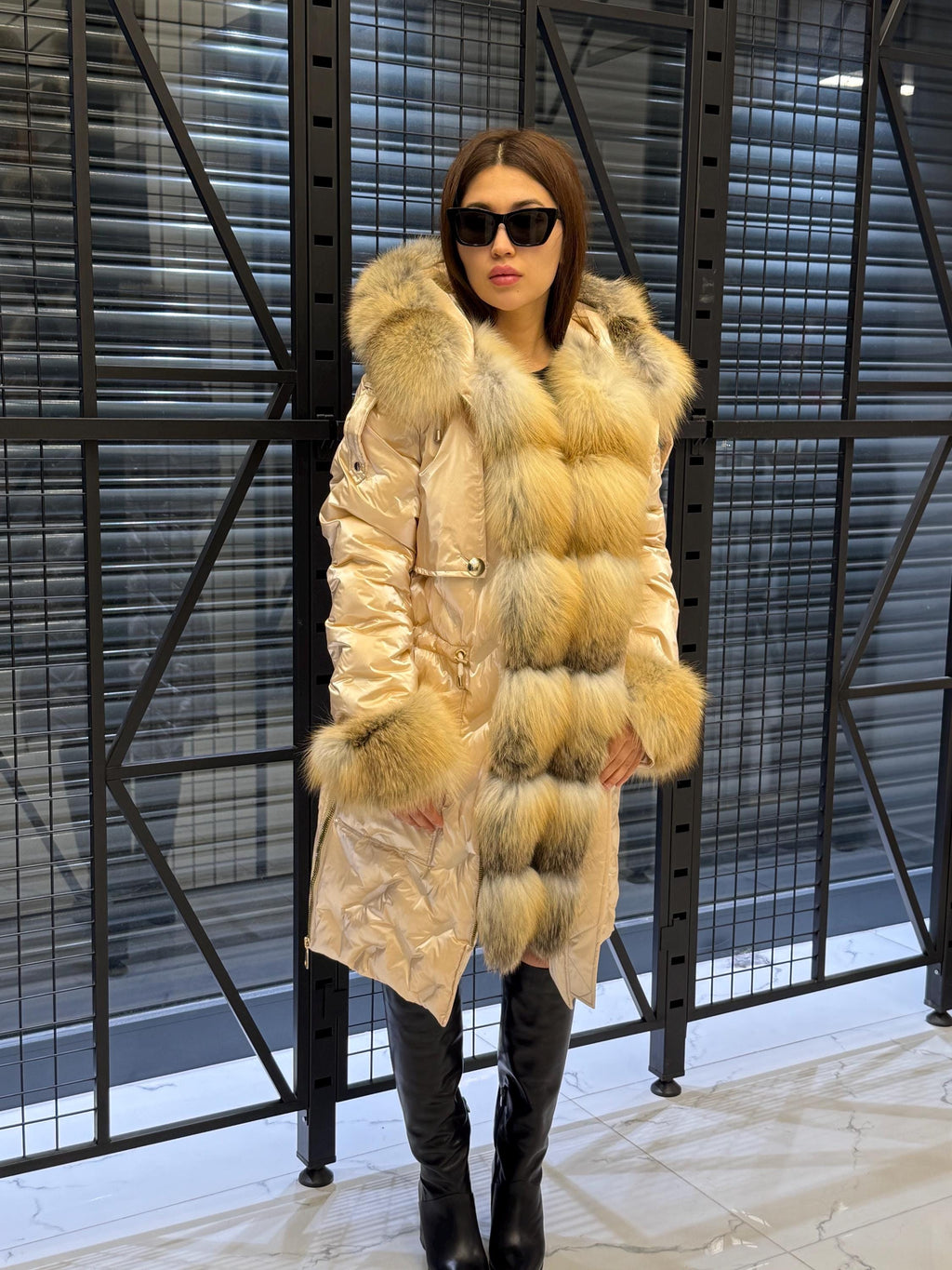 Glam Beige Parka Puffer Coat, Women’s Hooded Front Cuffs Gold Fox Fur Jacket
