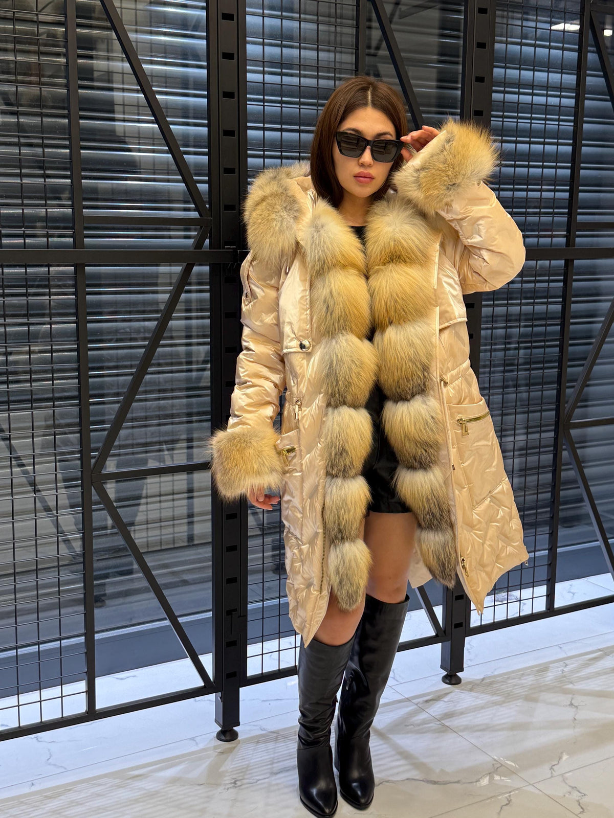 Glam Beige Parka Puffer Coat, Women’s Hooded Front Cuffs Gold Fox Fur Jacket