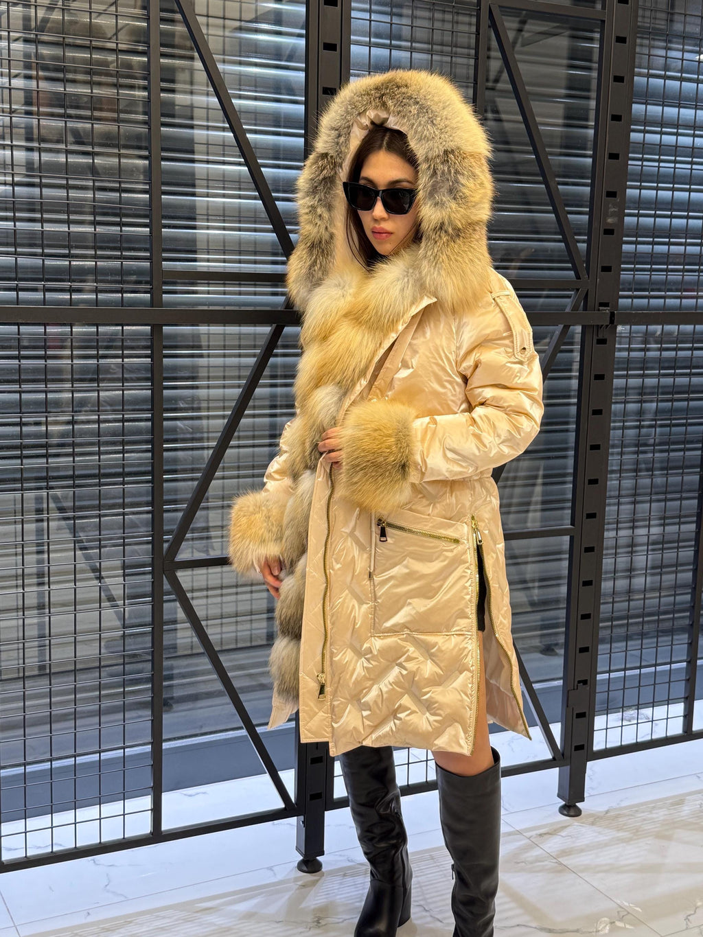 Glam Beige Parka Puffer Coat, Women’s Hooded Front Cuffs Gold Fox Fur Jacket