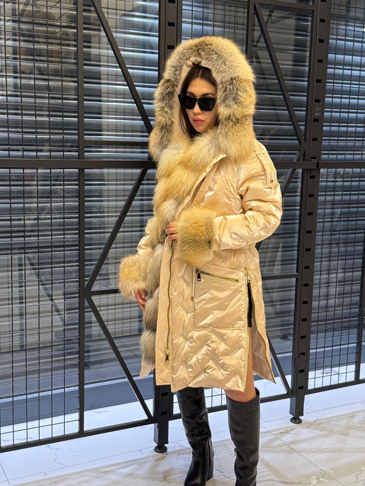 Glam Beige Parka Puffer Coat, Women’s Hooded Front Cuffs Gold Fox Fur Jacket