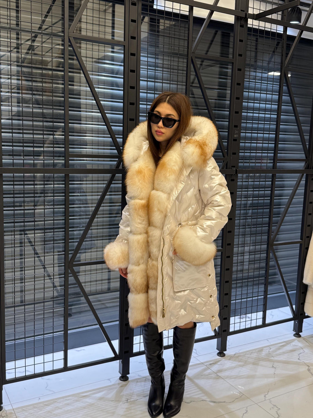 Women’s Glam White Parka Puffer Coat with Removable Fur Trim | Hood Front - Fox Fur Jacket
