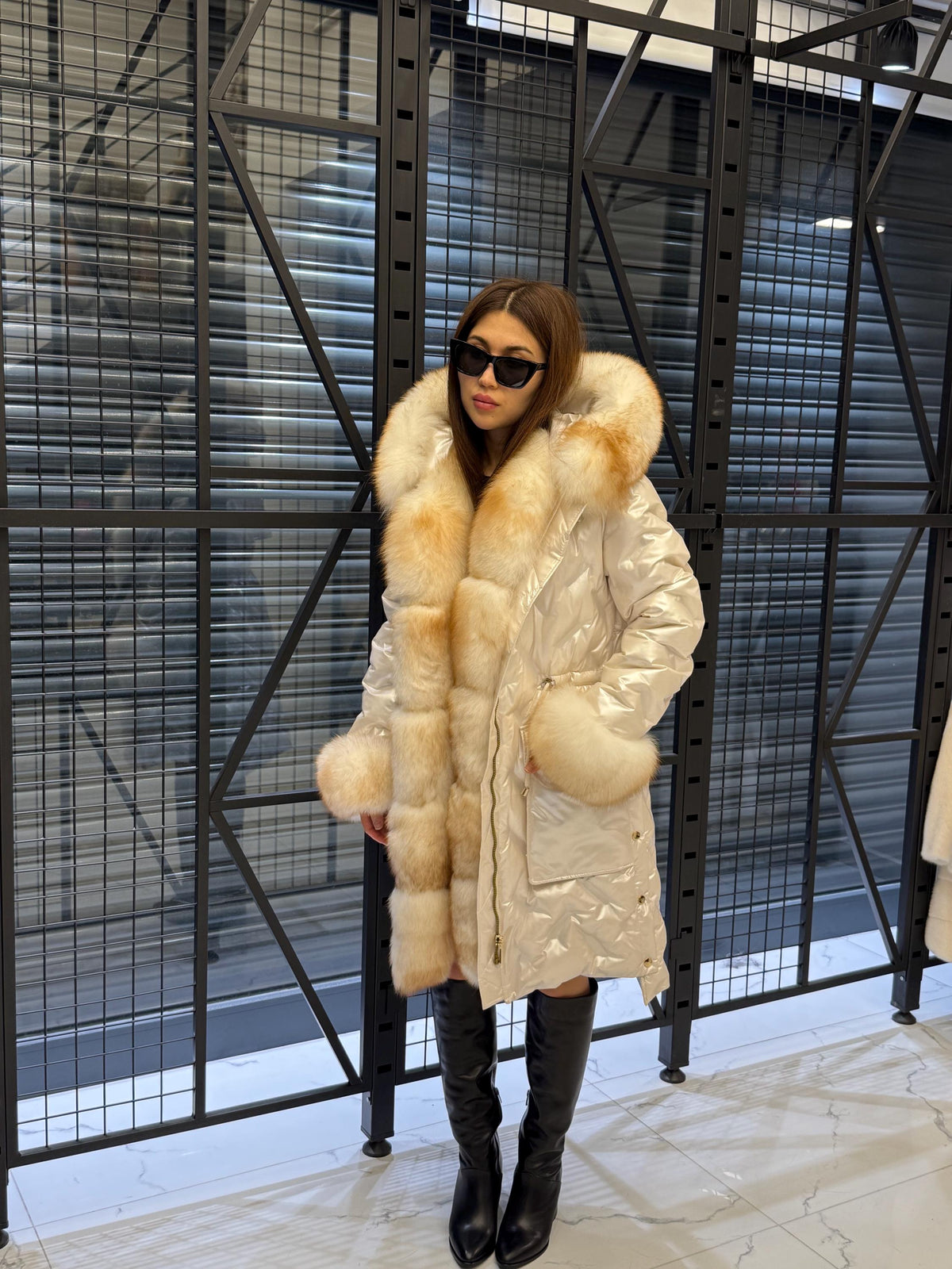 Women’s Glam White Parka Puffer Coat with Removable Fur Trim | Hood Front - Fox Fur Jacket