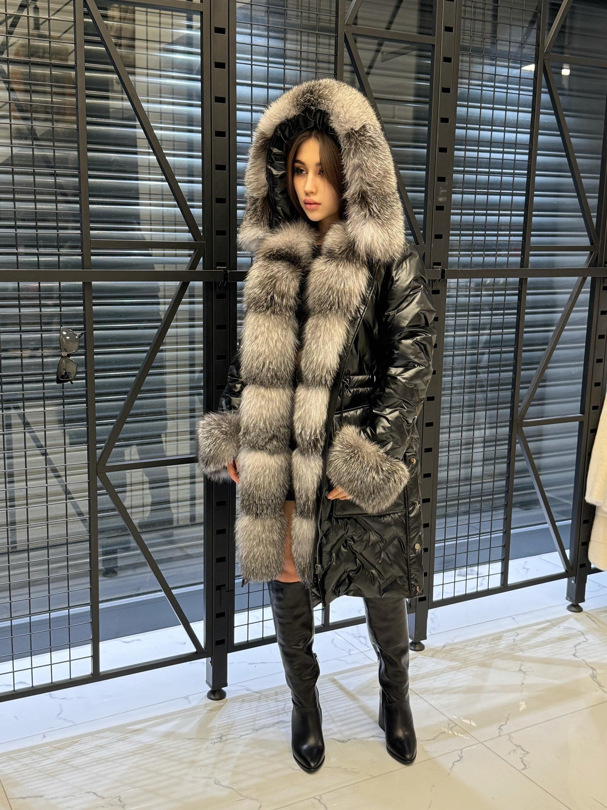 Black Parka Puffer Coat, Hood Front Fox Fur Jacket, Women Fox Fur Jacket - Frost Fox Fur, Cuffs Fox Fur Coat