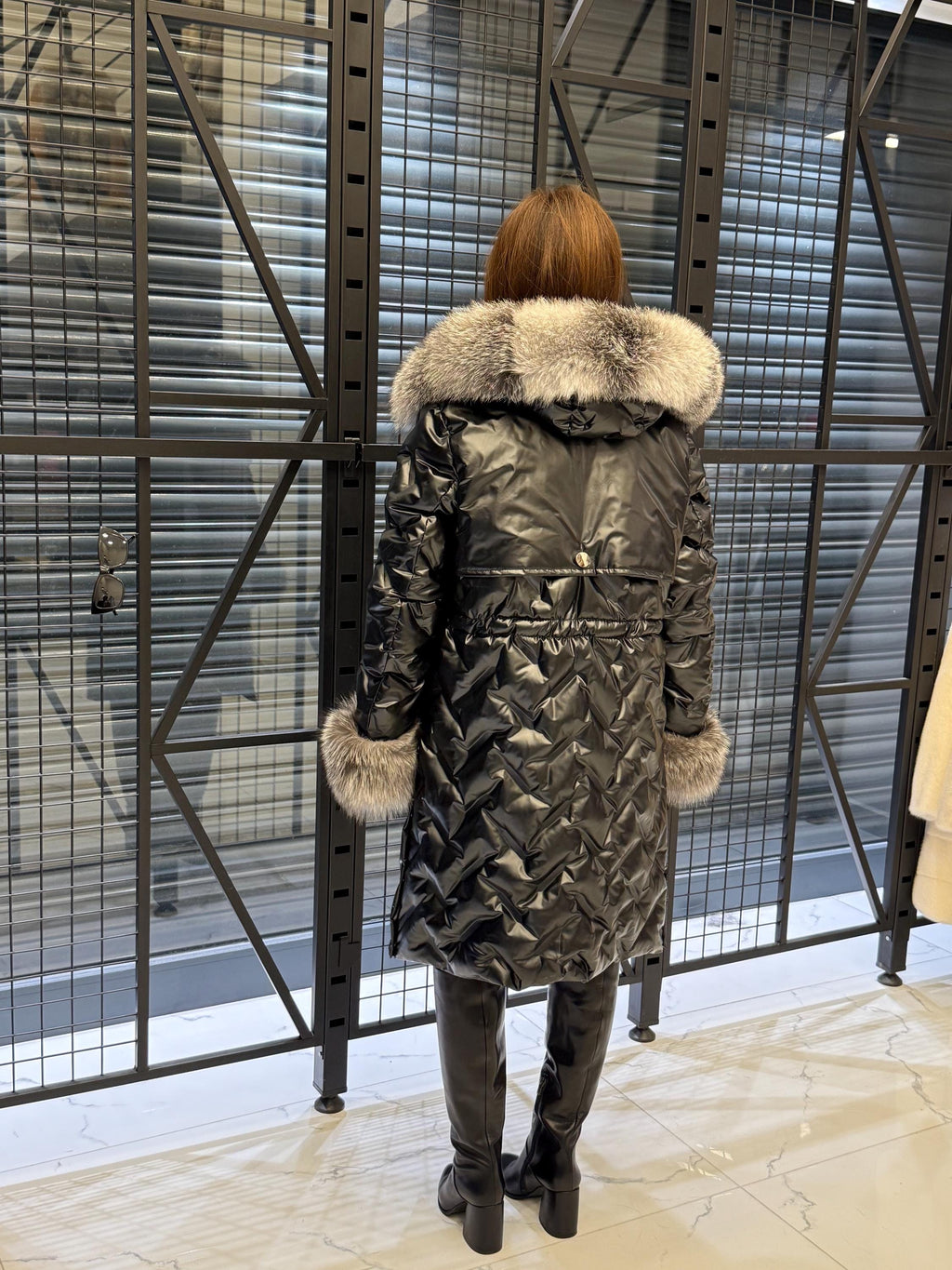 Black Parka Puffer Coat, Hood Front Fox Fur Jacket, Women Fox Fur Jacket - Frost Fox Fur, Cuffs Fox Fur Coat