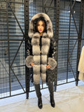 Black Parka Puffer Coat, Hood Front Fox Fur Jacket, Women Fox Fur Jacket - Frost Fox Fur, Cuffs Fox Fur Coat
