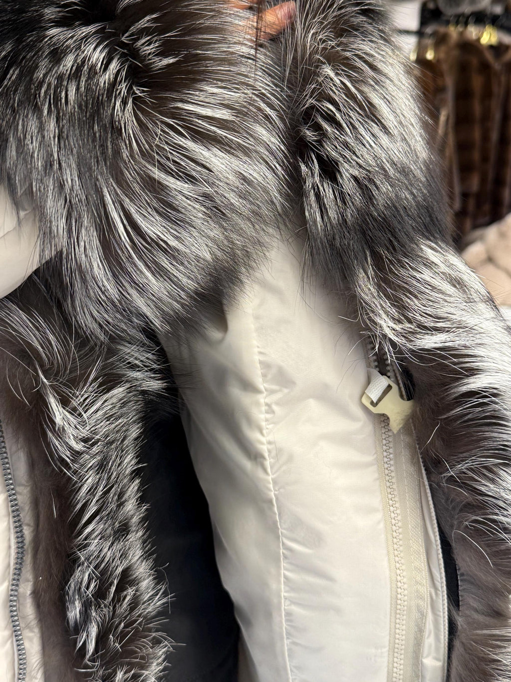 Gray Parka Puffer Coat, Women’s Hooded Front Cuffs Frost Fox Fur Jacket