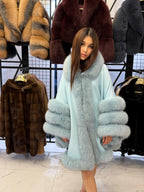 Turquoise Cashmere Cape With Fur Trim, Women’s Wool Shawl Front Skirt - Fox Fur Jacket
