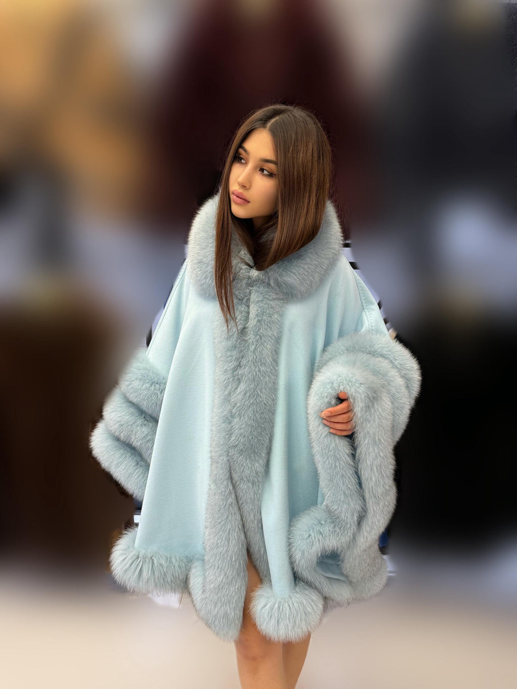 Turquoise Cashmere Cape With Fur Trim, Women’s Wool Shawl Front Skirt - Fox Fur Jacket