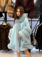 Turquoise Cashmere Cape With Fur Trim, Women’s Wool Shawl Front Skirt - Fox Fur Jacket