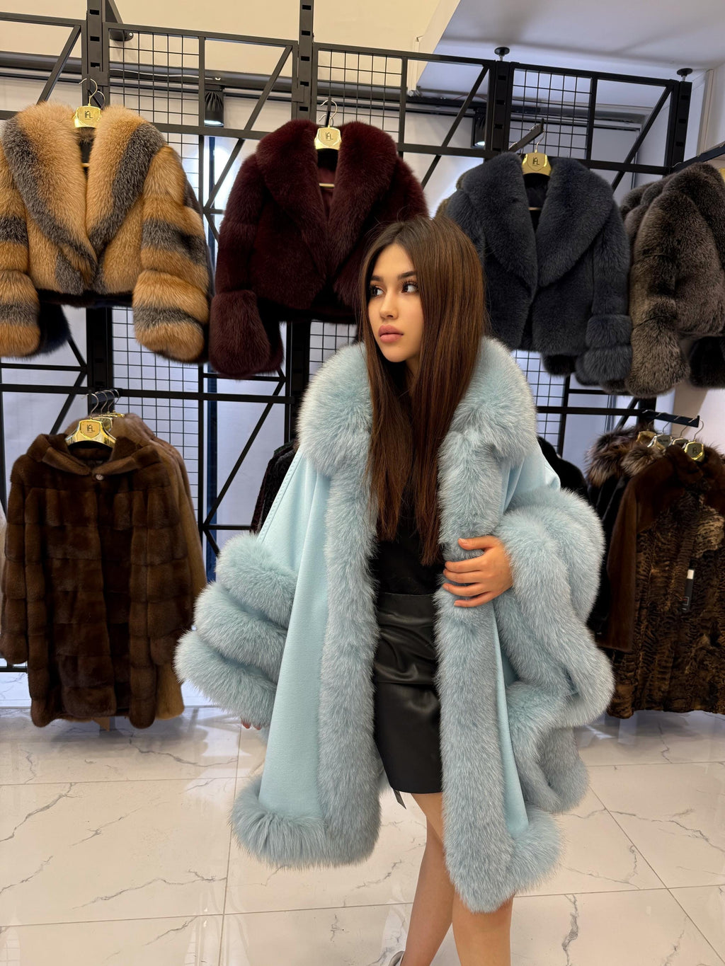 Turquoise Cashmere Cape With Fur Trim, Women’s Wool Shawl Front Skirt - Fox Fur Jacket